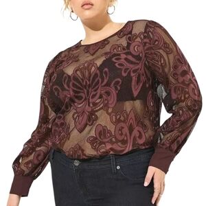 NWT Torrid Mesh Sheer Embroidered Long Sleeve Blouse Sassafras Maroon 0 LG 12
